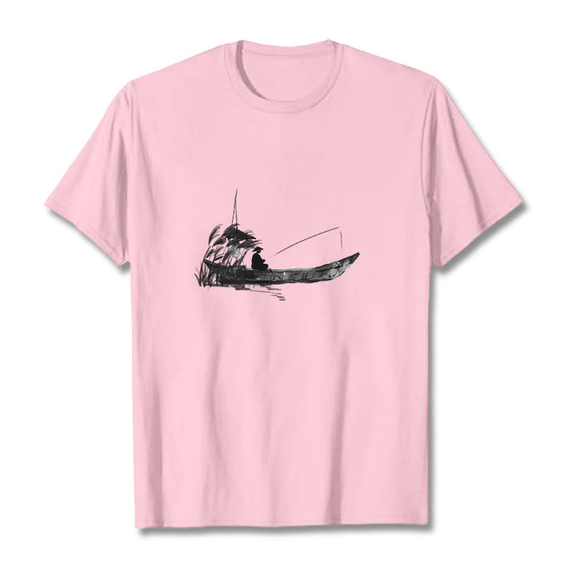 Buddha Stones Boat Fishing Grass Pattern Cotton Tee T-shirt