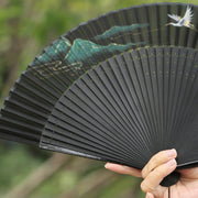 Buddha Stones Retro Mountain River Crane Silk Handheld Bamboo Folding Fan Folding Fan BS 13