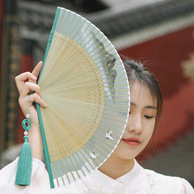 Buddha Stones Retro Mountain River Crane Silk Handheld Bamboo Folding Fan Folding Fan BS 6