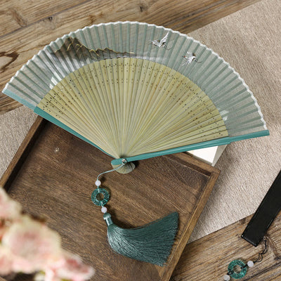 Buddha Stones Retro Mountain River Crane Silk Handheld Bamboo Folding Fan Folding Fan BS Turquoise Mountain River Crane 22.5cm(With Gift Box)