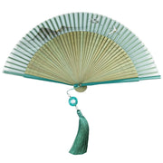 Buddha Stones Retro Mountain River Crane Silk Handheld Bamboo Folding Fan Folding Fan BS 8