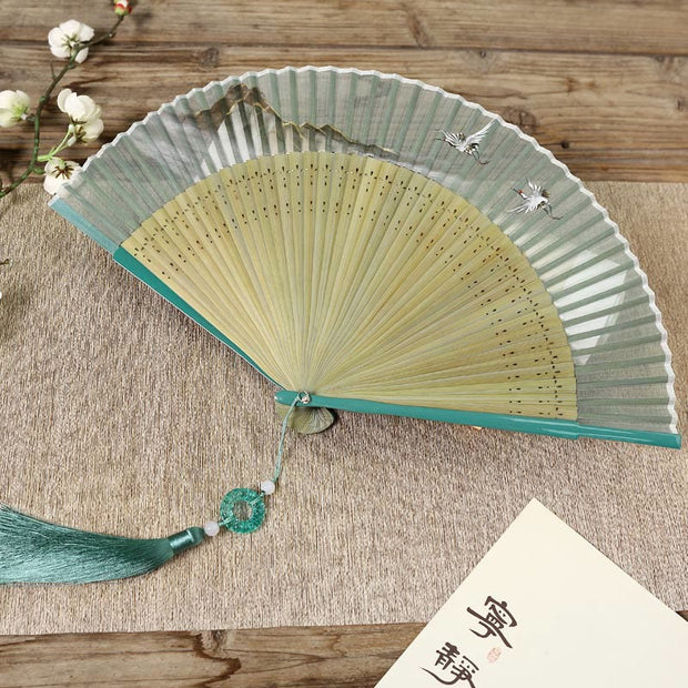 Buddha Stones Retro Mountain River Crane Silk Handheld Bamboo Folding Fan Folding Fan BS 2