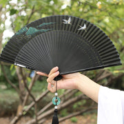 Buddha Stones Retro Mountain River Crane Silk Handheld Bamboo Folding Fan Folding Fan BS 11