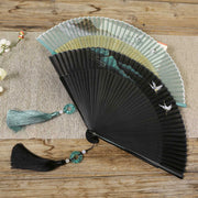 Buddha Stones Retro Mountain River Crane Silk Handheld Bamboo Folding Fan Folding Fan BS 1