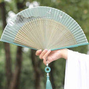 Buddha Stones Retro Mountain River Crane Silk Handheld Bamboo Folding Fan Folding Fan BS 4