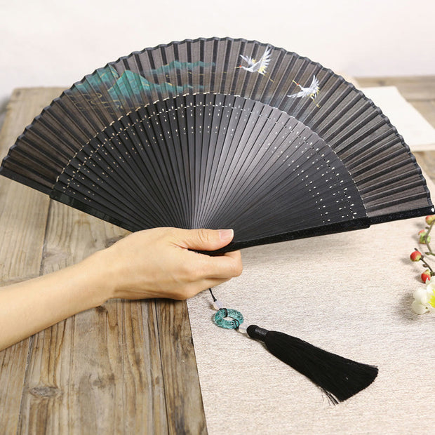 Buddha Stones Retro Mountain River Crane Silk Handheld Bamboo Folding Fan Folding Fan BS Black Mountain River Crane 22.5cm(With Gift Box)