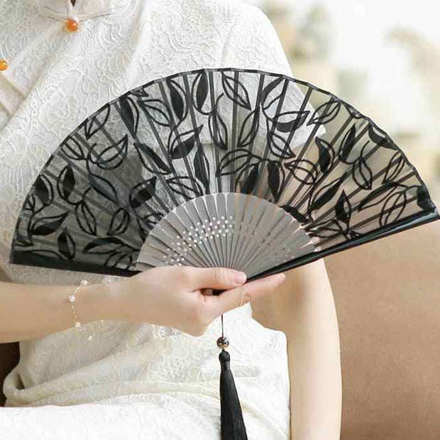 Buddha Stones Retro Leaves Flower Silk Handheld Bamboo Folding Fan Folding Fan BS 6