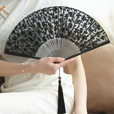 Buddha Stones Retro Leaves Flower Silk Handheld Bamboo Folding Fan Folding Fan BS Black Small Flowers 22cm(With Gift Box)