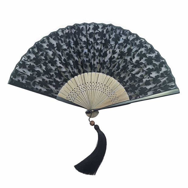 Buddha Stones Retro Leaves Flower Silk Handheld Bamboo Folding Fan Folding Fan BS 3