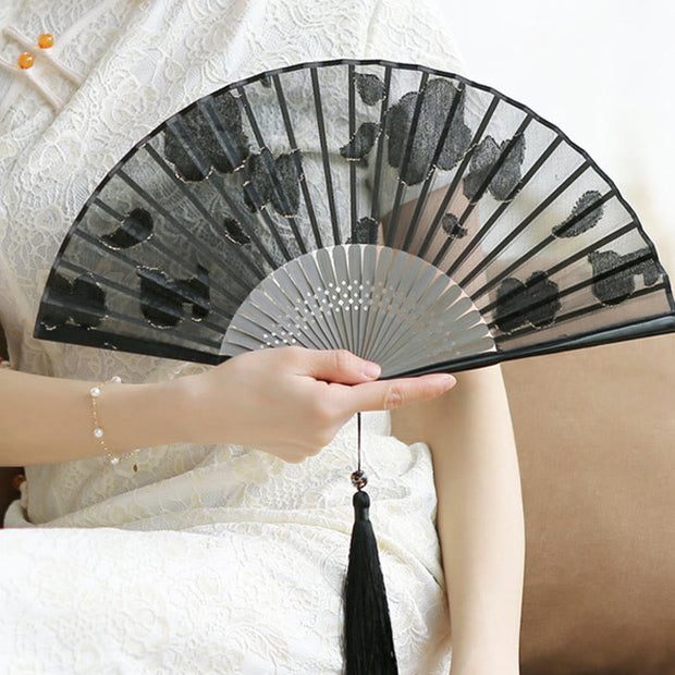 Buddha Stones Retro Leaves Flower Silk Handheld Bamboo Folding Fan Folding Fan BS 11