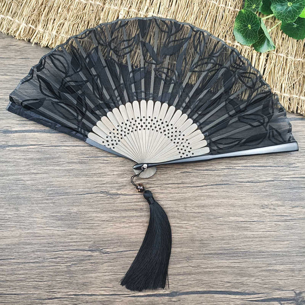 Buddha Stones Retro Leaves Flower Silk Handheld Bamboo Folding Fan Folding Fan BS Black Leaves 22cm(With Gift Box)