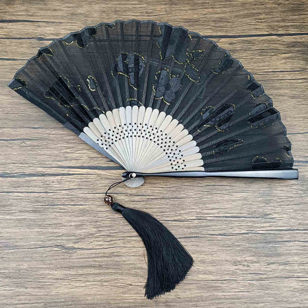 Buddha Stones Retro Leaves Flower Silk Handheld Bamboo Folding Fan Folding Fan BS Black Big Flowers 22cm(With Gift Box)