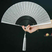 Buddha Stones Geometric Patterns Aluminum Alloy Side Tassels Silk Handheld Bamboo Folding Fan Folding Fan BS Silver Geometric 21cm(With Gift Box)