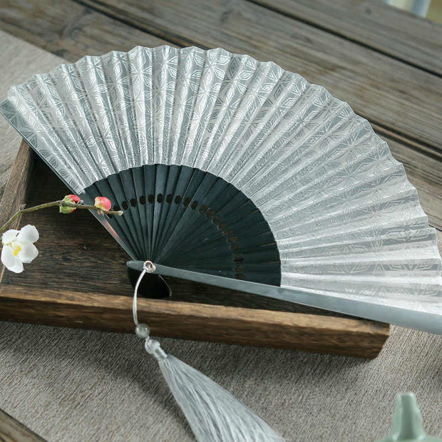 Buddha Stones Geometric Patterns Aluminum Alloy Side Tassels Silk Handheld Bamboo Folding Fan Folding Fan BS 1