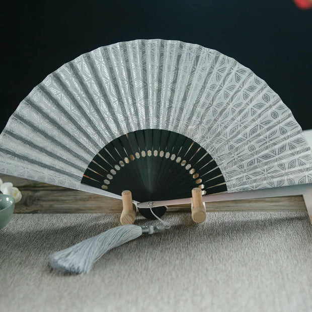 Buddha Stones Geometric Patterns Aluminum Alloy Side Tassels Silk Handheld Bamboo Folding Fan Folding Fan BS 2