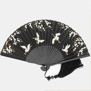 Buddha Stones Plum Blossom Crane Silk Handheld Bamboo Folding Fan Folding Fan BS 1