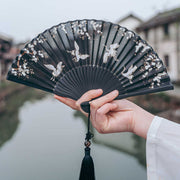 Buddha Stones Plum Blossom Crane Silk Handheld Bamboo Folding Fan Folding Fan BS 2