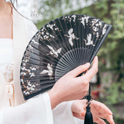 Buddha Stones Plum Blossom Crane Silk Handheld Bamboo Folding Fan Folding Fan BS Black Plum Crane 18cm(With Gift Box)