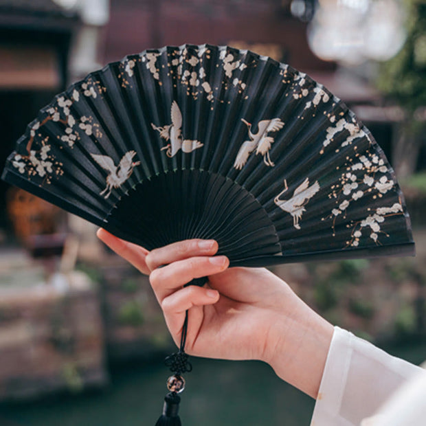 Buddha Stones Plum Blossom Crane Silk Handheld Bamboo Folding Fan Folding Fan BS 3