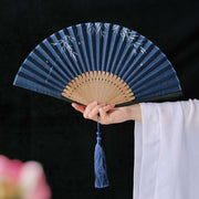 Buddha Stones Firefly Bamboo Leaves Pattern Tassels Handheld Bamboo Folding Fan Folding Fan BS Navy Firefly Bamboo 22.5cm