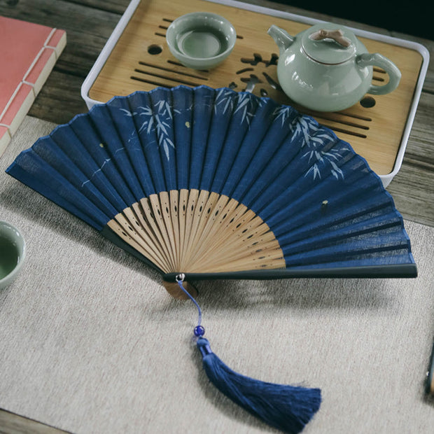 Buddha Stones Firefly Bamboo Leaves Pattern Tassels Handheld Bamboo Folding Fan Folding Fan BS 2