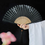 Buddha Stones Firefly Bamboo Leaves Pattern Tassels Handheld Bamboo Folding Fan Folding Fan BS Black Firefly Bamboo 22.5cm