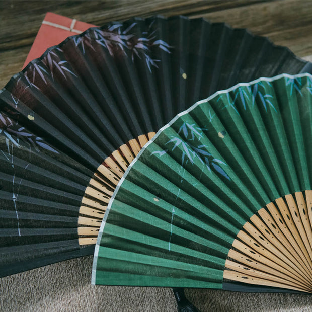 Buddha Stones Firefly Bamboo Leaves Pattern Tassels Handheld Bamboo Folding Fan Folding Fan BS 9