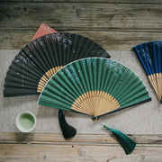 Buddha Stones Firefly Bamboo Leaves Pattern Tassels Handheld Bamboo Folding Fan Folding Fan BS 8