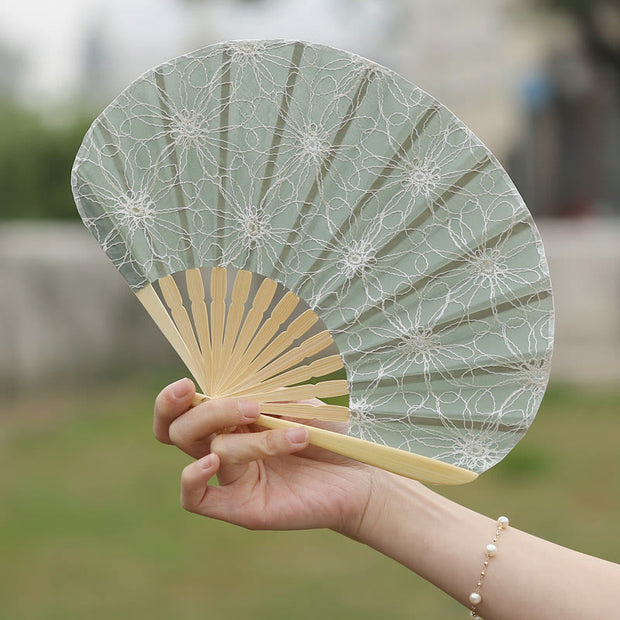 Buddha Stones Retro Large Flower Embroidery Shell Shape Tassels Handheld Bamboo Folding Fan Folding Fan BS 3