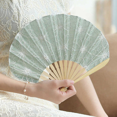 Buddha Stones Retro Large Flower Embroidery Shell Shape Tassels Handheld Bamboo Folding Fan Folding Fan BS CadetBlue Flowers 21cm