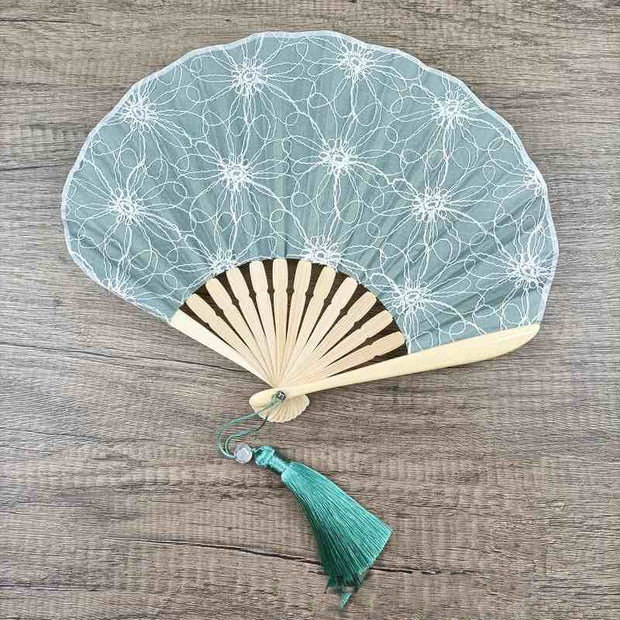 Buddha Stones Retro Large Flower Embroidery Shell Shape Tassels Handheld Bamboo Folding Fan Folding Fan BS 2