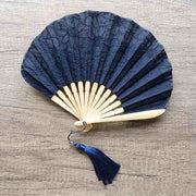 Buddha Stones Retro Large Flower Embroidery Shell Shape Tassels Handheld Bamboo Folding Fan Folding Fan BS MidnightBlue Flowers 21cm