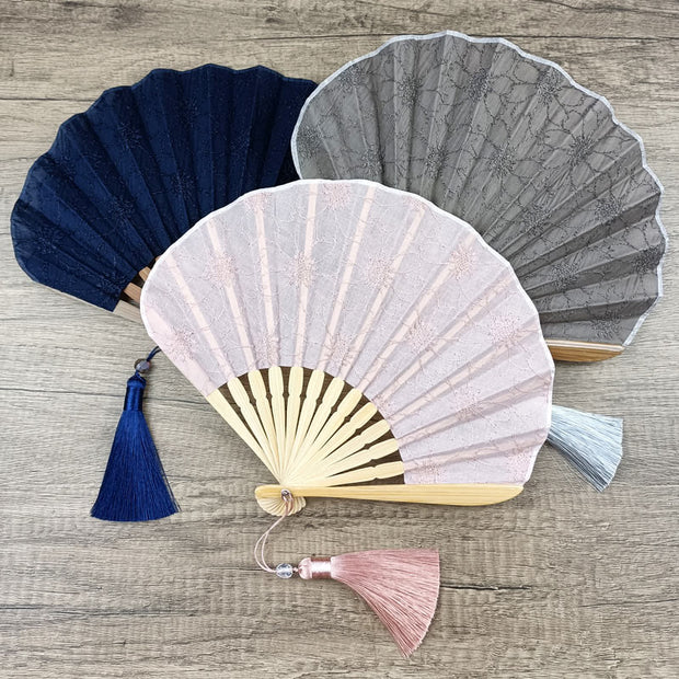 Buddha Stones Retro Large Flower Embroidery Shell Shape Tassels Handheld Bamboo Folding Fan Folding Fan BS 14