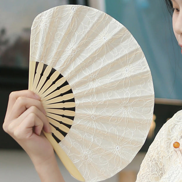 Buddha Stones Retro Large Flower Embroidery Shell Shape Tassels Handheld Bamboo Folding Fan Folding Fan BS 12