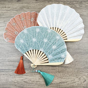 Buddha Stones Retro Large Flower Embroidery Shell Shape Tassels Handheld Bamboo Folding Fan Folding Fan BS 15