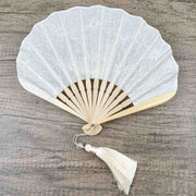 Buddha Stones Retro Large Flower Embroidery Shell Shape Tassels Handheld Bamboo Folding Fan Folding Fan BS White Flowers 21cm