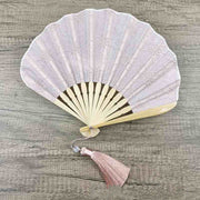 Buddha Stones Retro Large Flower Embroidery Shell Shape Tassels Handheld Bamboo Folding Fan Folding Fan BS 6