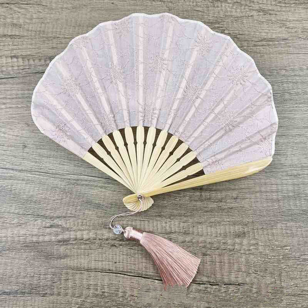 Buddha Stones Retro Large Flower Embroidery Shell Shape Tassels Handheld Bamboo Folding Fan Folding Fan BS 6