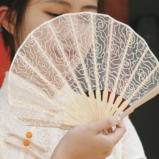 Buddha Stones Rose Embroidery Lace Shell Shape Tassels Handheld Bamboo Folding Fan Folding Fan BS 10