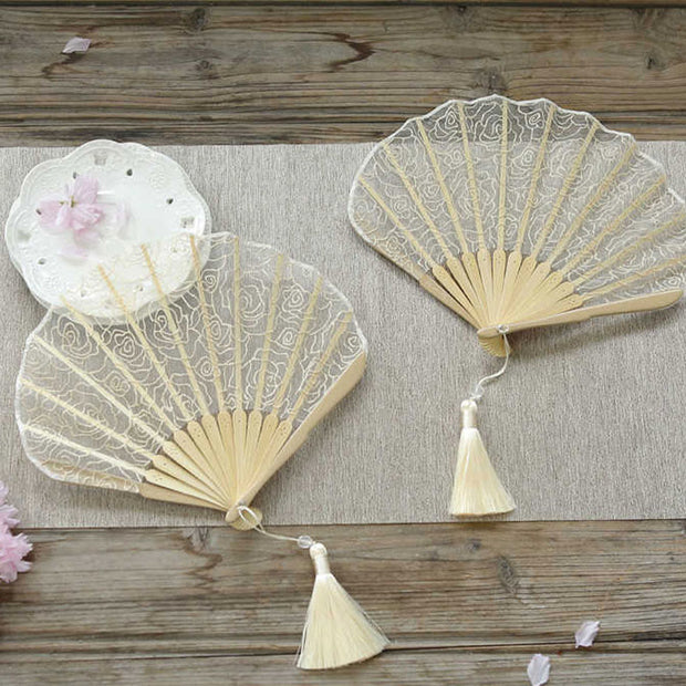 Buddha Stones Rose Embroidery Lace Shell Shape Tassels Handheld Bamboo Folding Fan Folding Fan BS 2