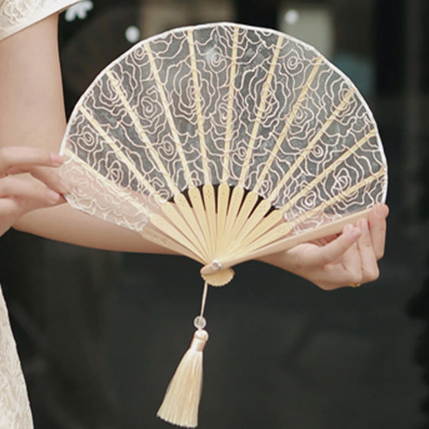 Buddha Stones Rose Embroidery Lace Shell Shape Tassels Handheld Bamboo Folding Fan Folding Fan BS 5