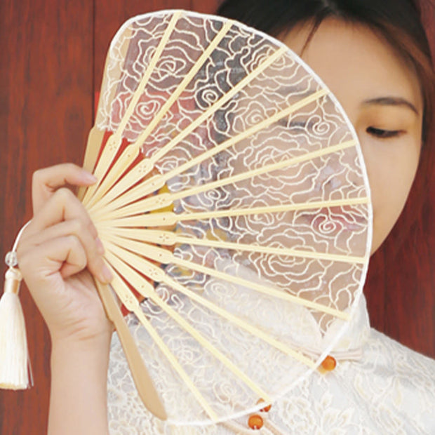 Buddha Stones Rose Embroidery Lace Shell Shape Tassels Handheld Bamboo Folding Fan Folding Fan BS 9