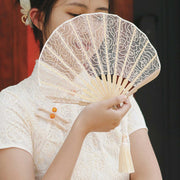 Buddha Stones Rose Embroidery Lace Shell Shape Tassels Handheld Bamboo Folding Fan Folding Fan BS 8