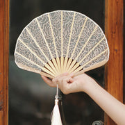 Buddha Stones Rose Embroidery Lace Shell Shape Tassels Handheld Bamboo Folding Fan Folding Fan BS 6