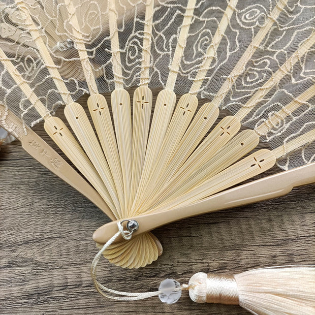 Buddha Stones Rose Embroidery Lace Shell Shape Tassels Handheld Bamboo Folding Fan Folding Fan BS 11