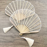 Buddha Stones Rose Embroidery Lace Shell Shape Tassels Handheld Bamboo Folding Fan Folding Fan BS 1