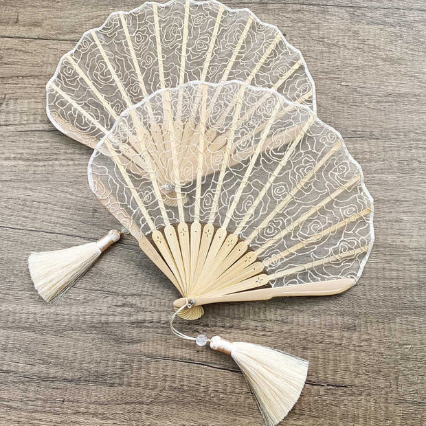 Buddha Stones Rose Embroidery Lace Shell Shape Tassels Handheld Bamboo Folding Fan Folding Fan BS 1