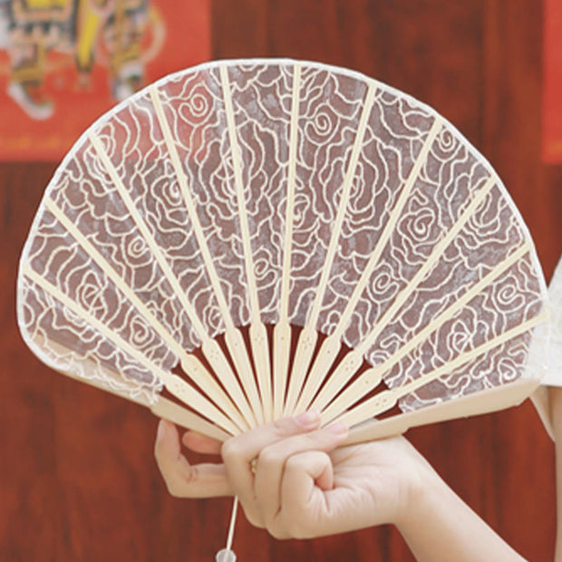 Buddha Stones Rose Embroidery Lace Shell Shape Tassels Handheld Bamboo Folding Fan Folding Fan BS 7