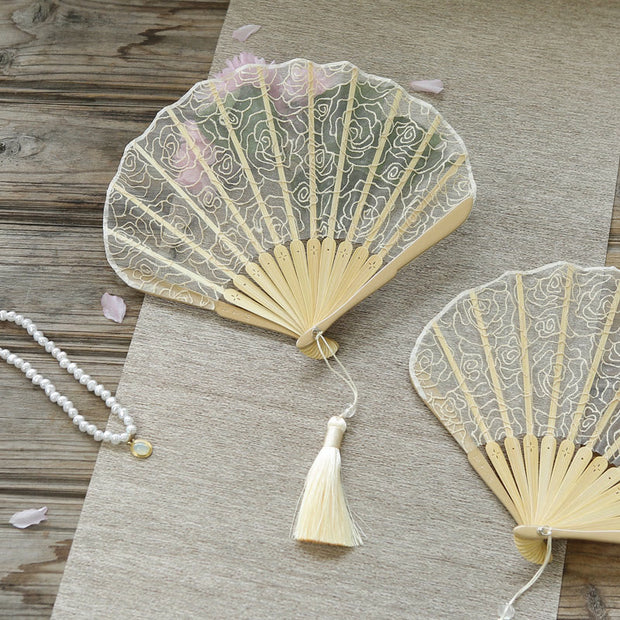 Buddha Stones Rose Embroidery Lace Shell Shape Tassels Handheld Bamboo Folding Fan Folding Fan BS 3