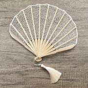 Buddha Stones Rose Embroidery Lace Shell Shape Tassels Handheld Bamboo Folding Fan Folding Fan BS 4